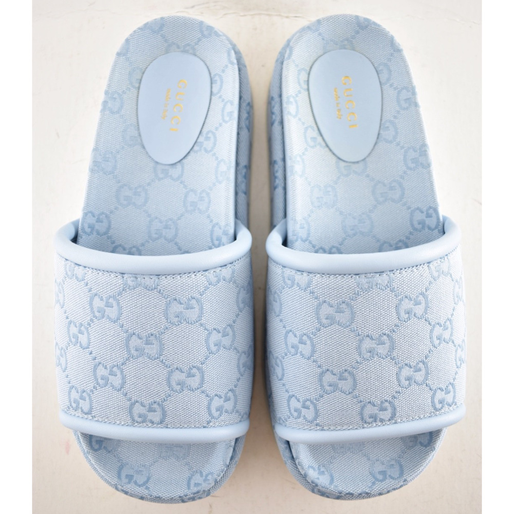 Gucci Light Blue GG Monogram Logo Canvas Mule Flat Slide Platform Sandal 39.5 - Picture 12 of 16